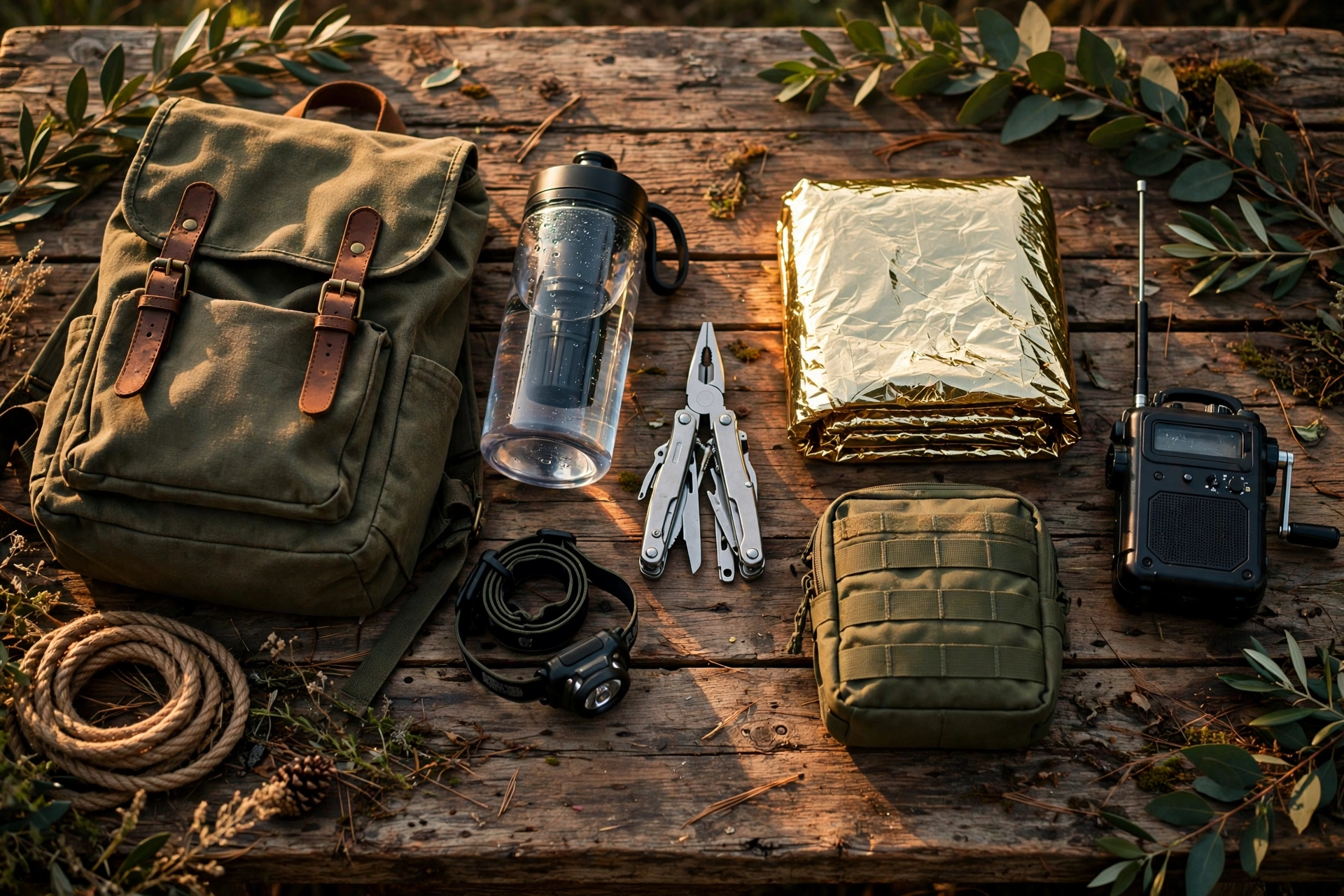 Go-bag essentials laid out in morning light